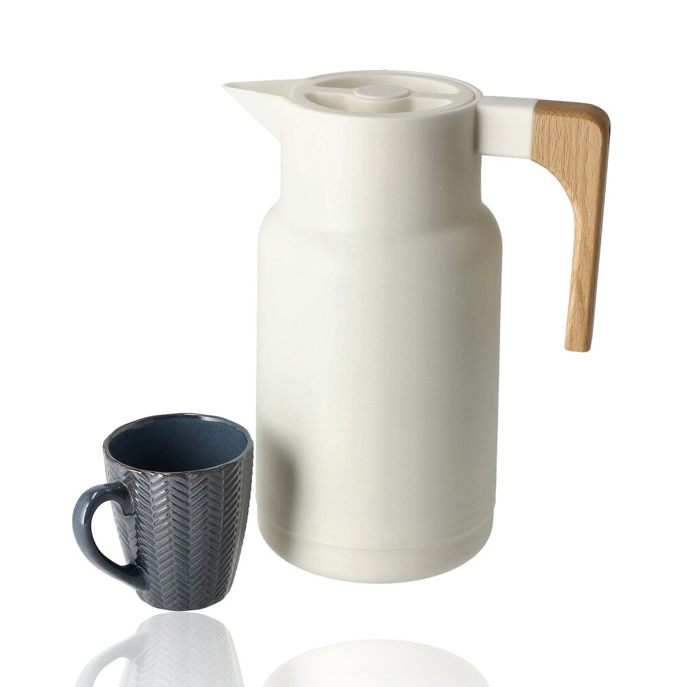 Discountershop Thermoskan 1 Liter RVS – Dubbelwandige Isoleerkan voor Koffie & Thee – Koffiekan met Houten Handvat – Thermosfles Keukenaccessoires