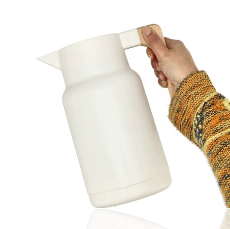 Discountershop Thermoskan 1 Liter RVS – Dubbelwandige Isoleerkan voor Koffie & Thee – Koffiekan met Houten Handvat – Thermosfles Keukenaccessoires