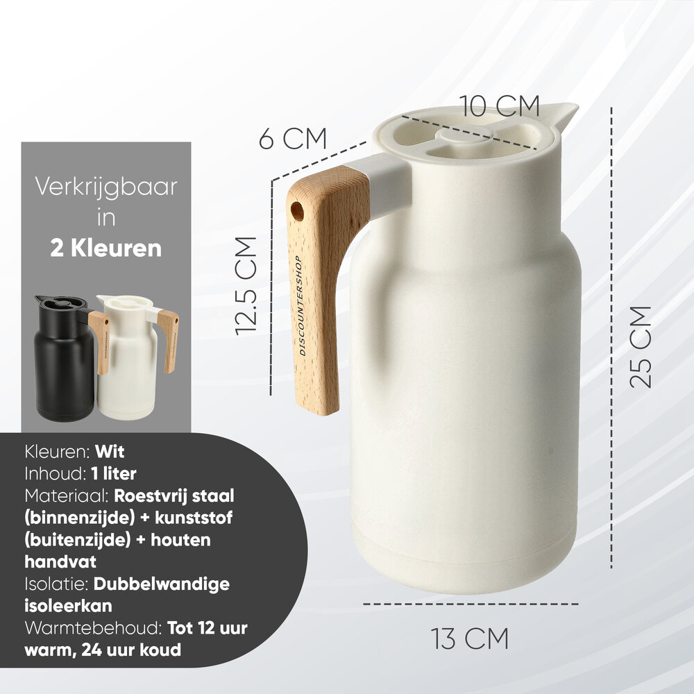 Discountershop Thermoskan 1 Liter RVS – Dubbelwandige Isoleerkan voor Koffie & Thee – Koffiekan met Houten Handvat – Thermosfles Keukenaccessoires