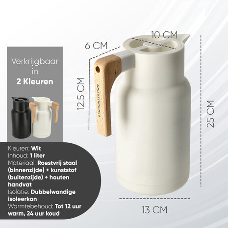 Discountershop Thermos Flask 1 Liter Stainless Steel – Double Wall Insulated Coffee & Tea Jug – Coffee Carafe with Wooden Handle – Kitchen Accessories