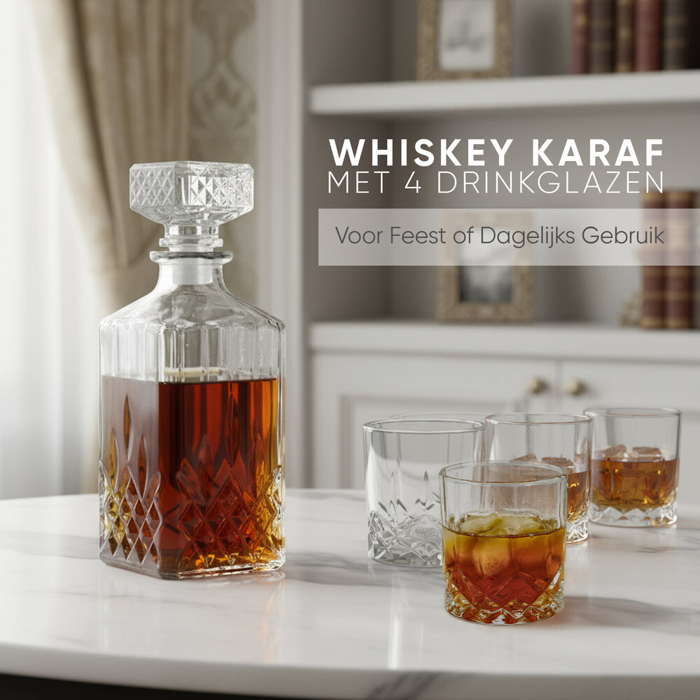 Discountershop Whiskey Decanter Set with Glasses – 900ml Decanter with 4 Whiskey Glasses – Whisky Gift Set for Men – Bar & Home Whiskey Accessories