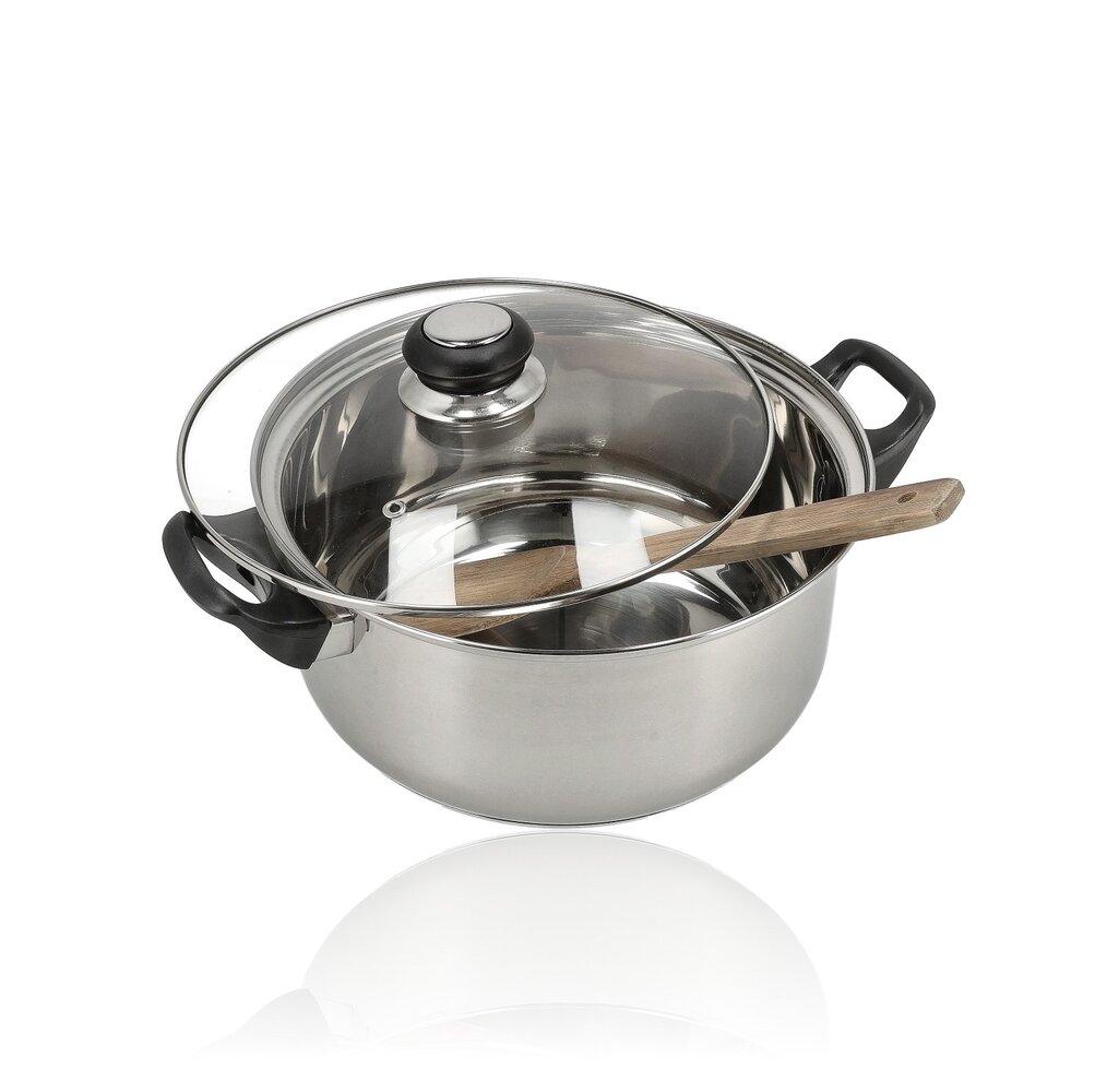 Discountershop RVS Kookpan met Deksel – Ø24 cm – Grote Kookpan en Koekenpan RVS Zonder PFAS – Pannen en Kookpannen met Glazen Deksel – Soeppan voor Gezonde Maaltijden