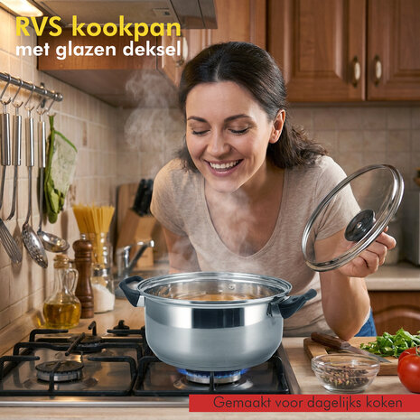 Discountershop RVS Kookpan met Deksel – Ø24 cm – Grote Kookpan en Koekenpan RVS Zonder PFAS – Pannen en Kookpannen met Glazen Deksel – Soeppan voor Gezonde Maaltijden