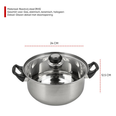 Discountershop Stainless Steel Cooking Pot with Lid – Ø24 cm – Large Stainless Steel Cooking Pot and Frying Pan Free PFAS – Pots and Cooking Pots with Glass Lids – Soup Pot for Healthy Meals