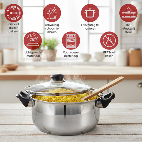 Discountershop Stainless Steel Cooking Pot with Lid – Ø24 cm – Large Stainless Steel Cooking Pot and Frying Pan Free PFAS – Pots and Cooking Pots with Glass Lids – Soup Pot for Healthy Meals