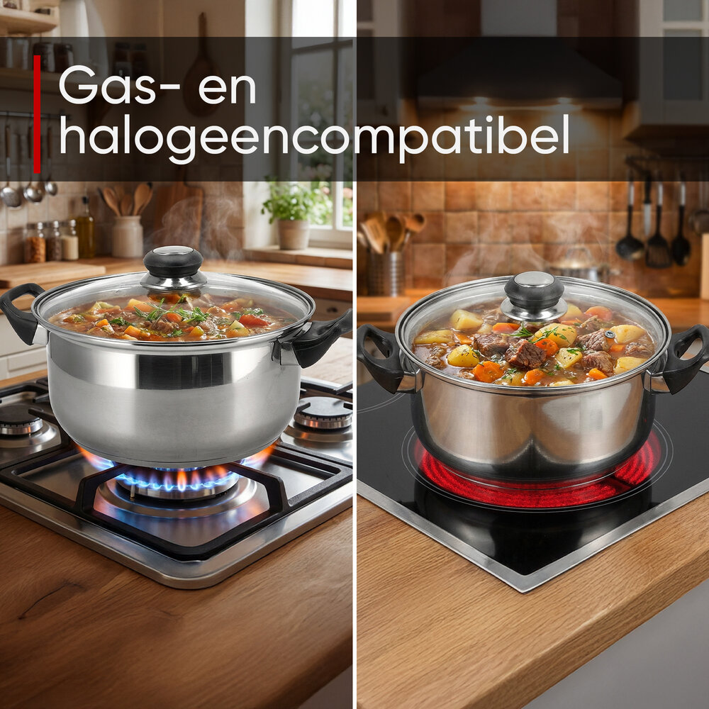 Discountershop RVS Kookpan met Deksel – Ø24 cm – Grote Kookpan en Koekenpan RVS Zonder PFAS – Pannen en Kookpannen met Glazen Deksel – Soeppan voor Gezonde Maaltijden