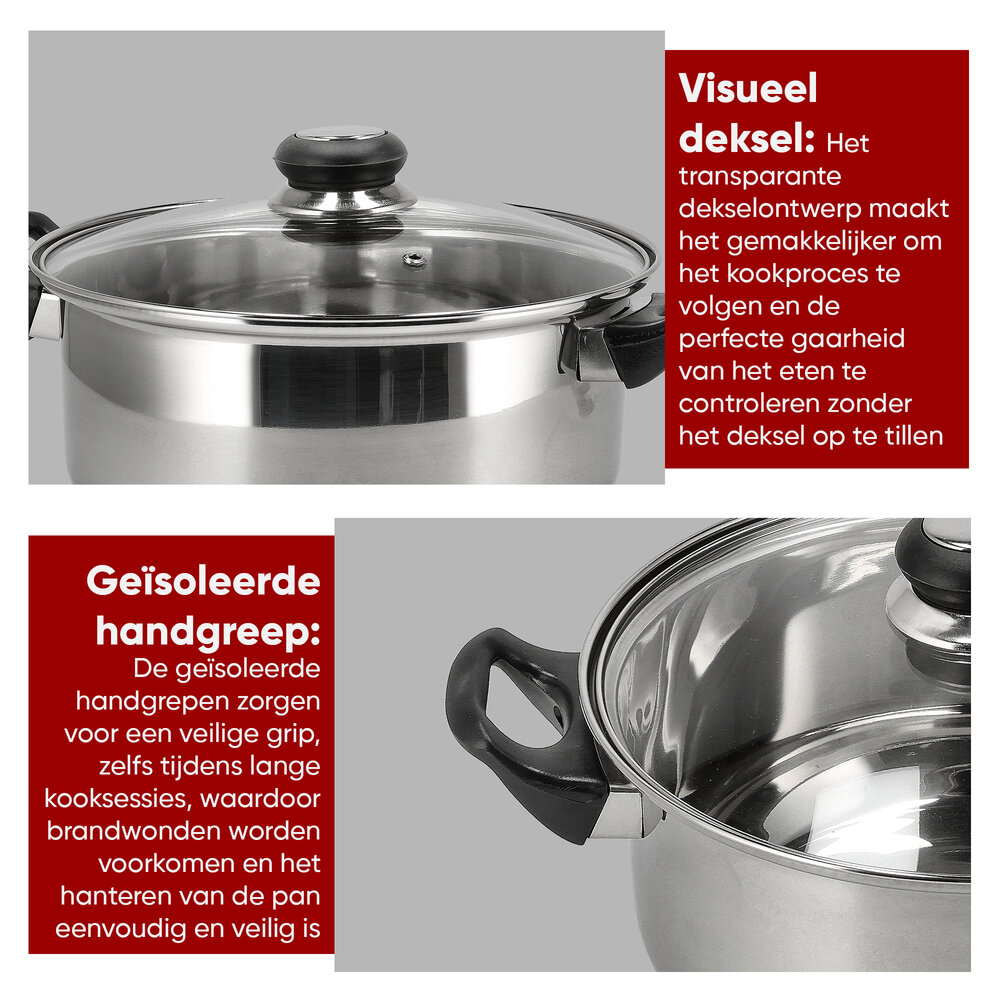 Discountershop Stainless Steel Cooking Pot with Lid – Ø24 cm – Large Stainless Steel Cooking Pot and Frying Pan Free PFAS – Pots and Cooking Pots with Glass Lids – Soup Pot for Healthy Meals