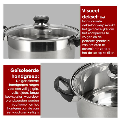 Discountershop RVS Kookpan met Deksel – Ø24 cm – Grote Kookpan en Koekenpan RVS Zonder PFAS – Pannen en Kookpannen met Glazen Deksel – Soeppan voor Gezonde Maaltijden
