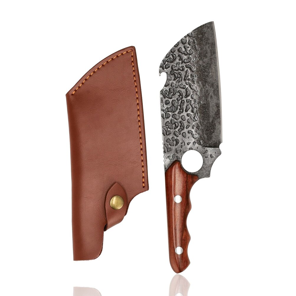 Discountershop Japanese Cleaver Knife with Leather Sheath – Heavy Duty Meat Cleaver for Bones – Hand Forged Kitchen Knife – Professional Chef Knife for Sale