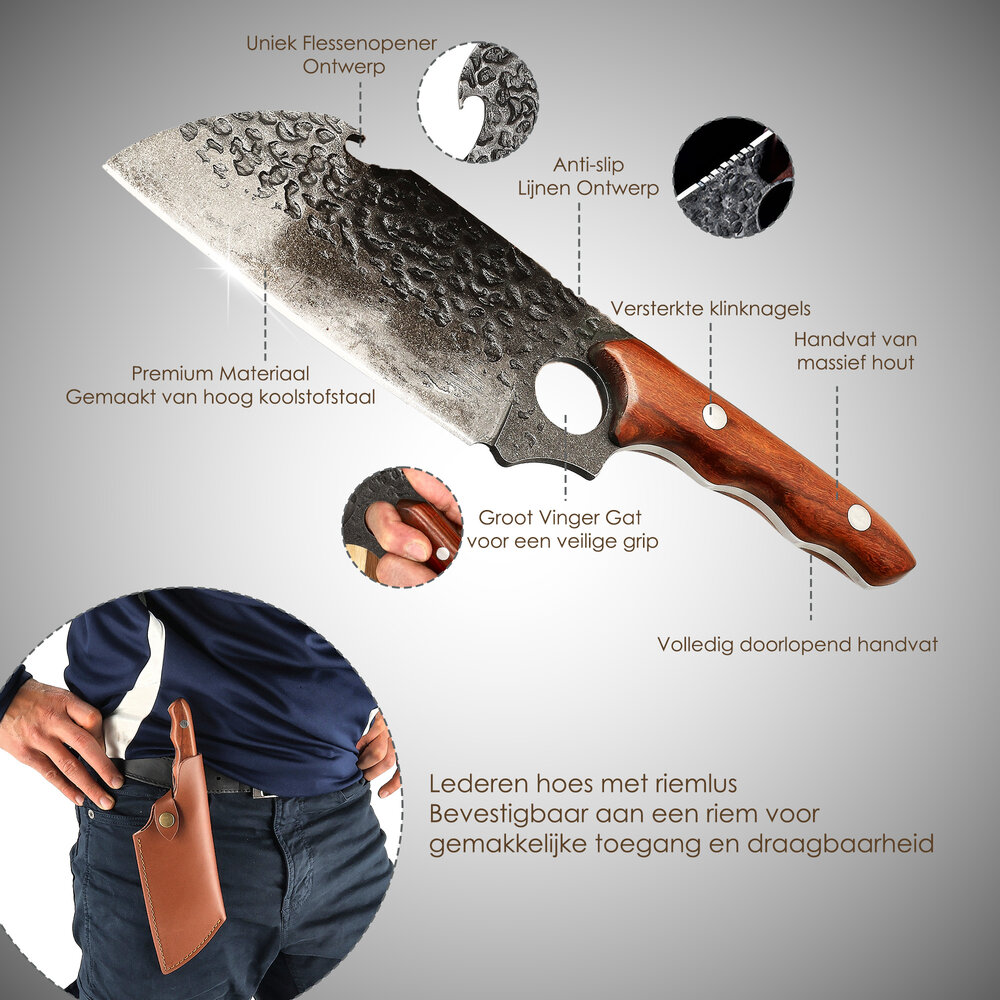 Discountershop Japans Hakmes met Leren Hoes – Professioneel Vleeshakmes voor Botten – Handgesmeed Keukenmes – Heavy Duty Koksmes Kopen