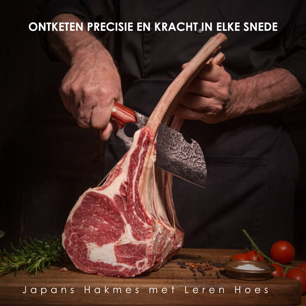 Discountershop Japans Hakmes met Leren Hoes – Professioneel Vleeshakmes voor Botten – Handgesmeed Keukenmes – Heavy Duty Koksmes Kopen