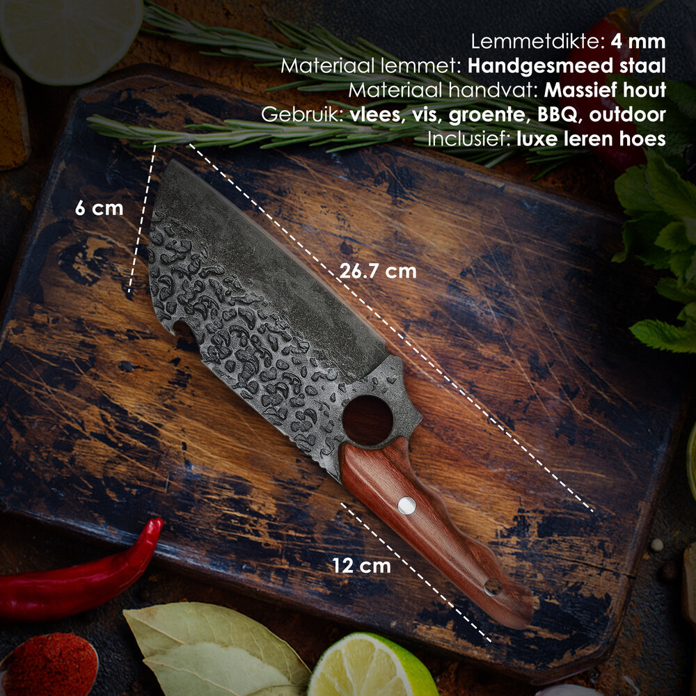 Discountershop Japanese Cleaver Knife with Leather Sheath – Heavy Duty Meat Cleaver for Bones – Hand Forged Kitchen Knife – Professional Chef Knife for Sale