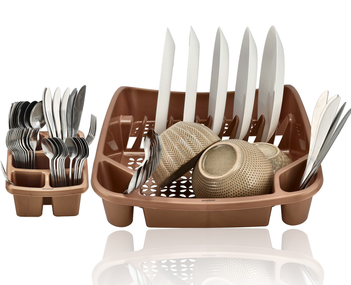 Discountershop Dish Drying Rack with Cutlery Holder – 2-Piece Dish Rack Set for Countertop – Drying Rack with Cutlery Basket – For Plates, Glasses and Utensils – Kitchen Dish Rack for Sale