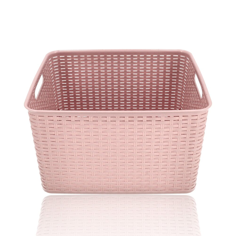 Discountershop Storage Basket 28.5L Plastic Pink – Rattan Look Wicker Style – Storage Box & Storage Bin – Kids Room Toy Storage Basket – Kitchen Cabinet Organizer & Closet Organizer – Stackable Storage Basket