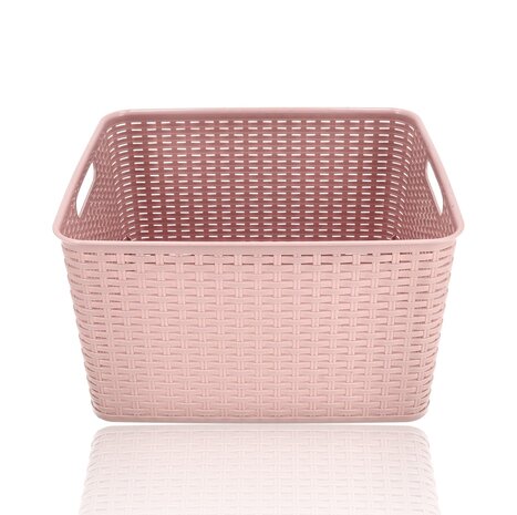 Discountershop Storage Basket 28.5L Plastic Pink – Rattan Look Wicker Style – Storage Box & Storage Bin – Kids Room Toy Storage Basket – Kitchen Cabinet Organizer & Closet Organizer – Stackable Storage Basket