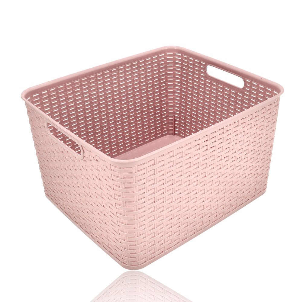 Discountershop Opbergmand 28.5L Kunststof Roze – Riet Look Mandjes – Opbergbox & Opbergdoos – Opbergmand Kinderkamer Speelgoed – Keukenkast Organizer & Kledingkast Organizer – Stapelbare Kast Organizer