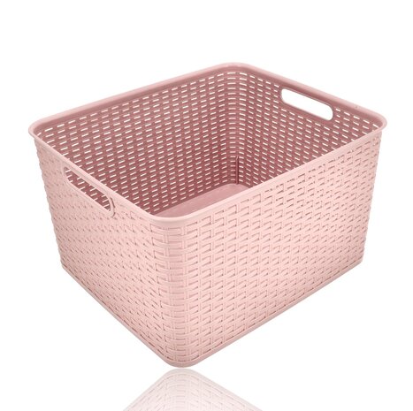 Discountershop Storage Basket 28.5L Plastic Pink – Rattan Look Wicker Style – Storage Box & Storage Bin – Kids Room Toy Storage Basket – Kitchen Cabinet Organizer & Closet Organizer – Stackable Storage Basket