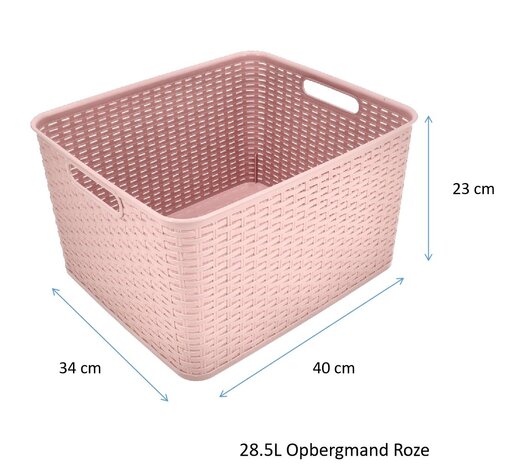 Discountershop Storage Basket 28.5L Plastic Pink – Rattan Look Wicker Style – Storage Box & Storage Bin – Kids Room Toy Storage Basket – Kitchen Cabinet Organizer & Closet Organizer – Stackable Storage Basket