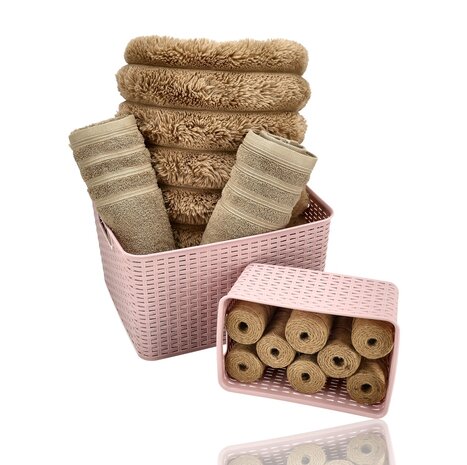 Discountershop Storage Basket 28.5L Plastic Pink – Rattan Look Wicker Style – Storage Box & Storage Bin – Kids Room Toy Storage Basket – Kitchen Cabinet Organizer & Closet Organizer – Stackable Storage Basket