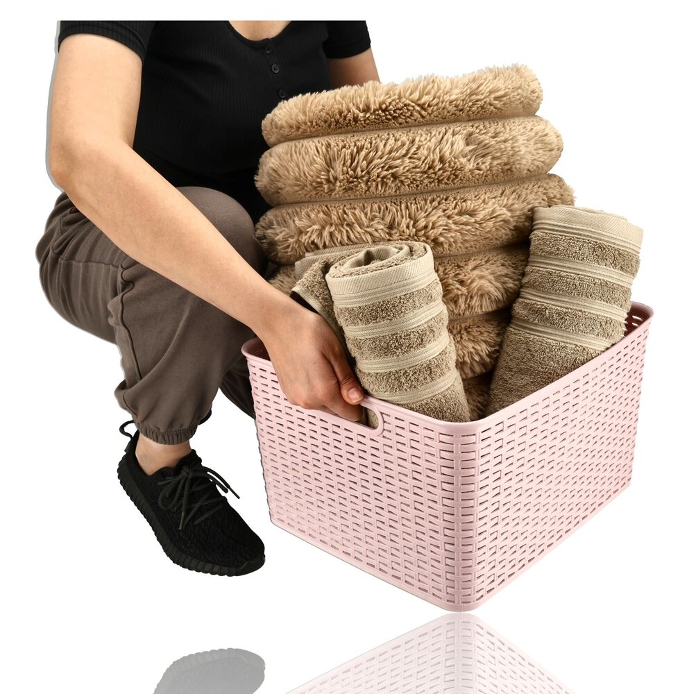 Discountershop Storage Basket 28.5L Plastic Pink – Rattan Look Wicker Style – Storage Box & Storage Bin – Kids Room Toy Storage Basket – Kitchen Cabinet Organizer & Closet Organizer – Stackable Storage Basket