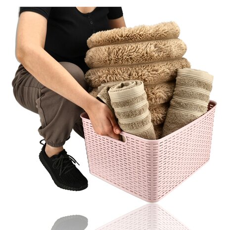 Discountershop Storage Basket 28.5L Plastic Pink – Rattan Look Wicker Style – Storage Box & Storage Bin – Kids Room Toy Storage Basket – Kitchen Cabinet Organizer & Closet Organizer – Stackable Storage Basket