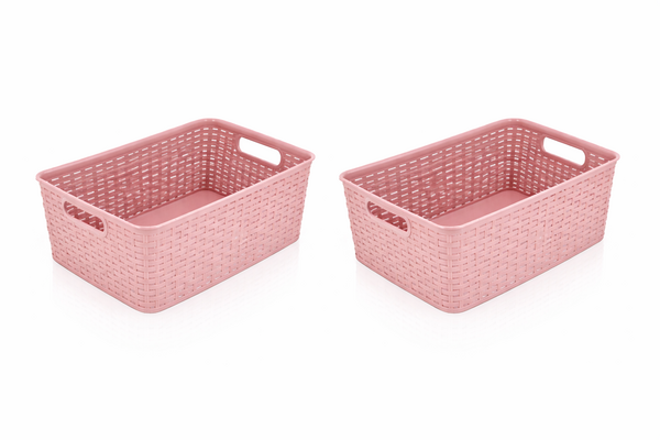 Discountershop Storage Basket 12L Plastic Pink – Stackable Storage Box with Rattan Look for Kitchen, Kids Room and Closet – Organizer for Toys, Pantry and Clothes