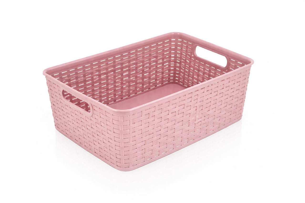 Discountershop Storage Basket 12L Plastic Pink – Stackable Storage Box with Rattan Look for Kitchen, Kids Room and Closet – Organizer for Toys, Pantry and Clothes