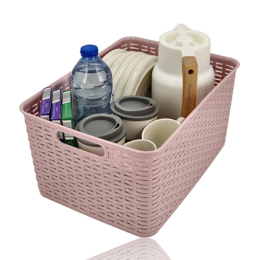 Discountershop Pink Plastic Storage Basket 18L – Rattan Storage Box – Storage Box for Living Room, Kids Room and Bathroom – Multifunctional Cabinet Organizer