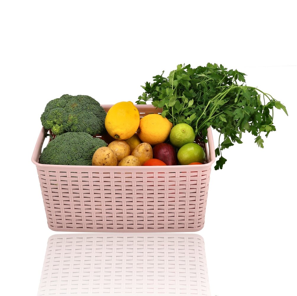 Discountershop Storage Basket 10L Plastic Pink – Rattan Look Storage Box & Storage Bin – Kitchen Cabinet and Closet Organizer – Stackable Storage Basket