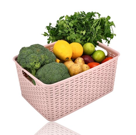 Discountershop Opbergmand 10L Kunststof Roze – Mandjes Riet Look Opbergbox & Opbergdoos – Keukenkast en Kledingkast Organizer – Stapelbare Kast Organizer