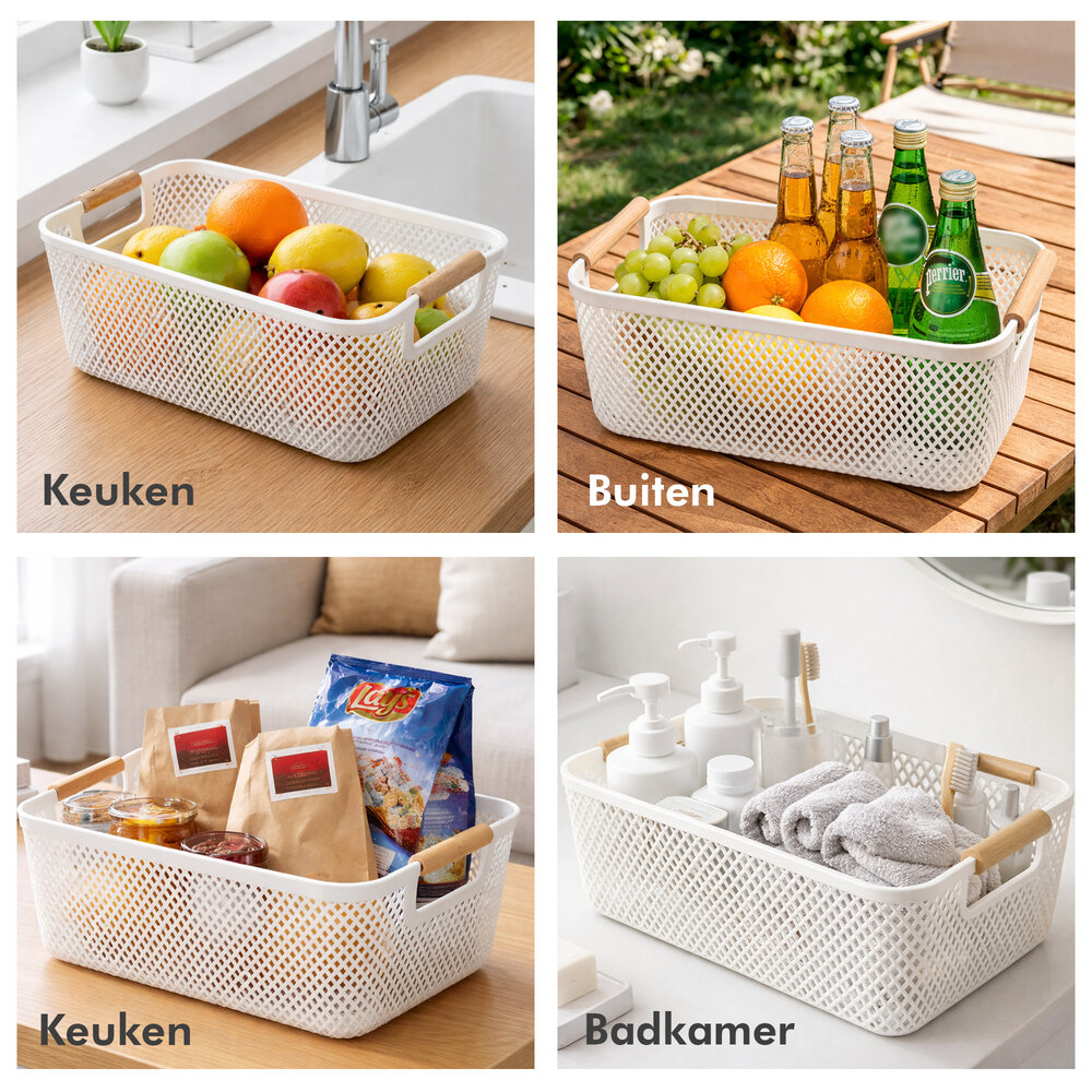 Discountershop Opbergmand met Houten Handvat – 9L Kunststof Opbergmand voor Keuken, Kast en Kinderkamer – Organizer voor Speelgoed en Voorraad