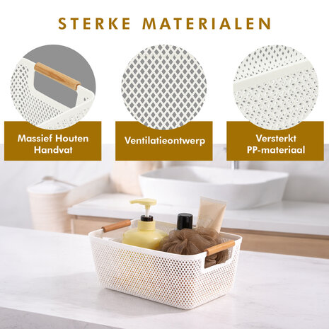 Discountershop Opbergmand met Houten Handvat – 6L Kunststof Opbergmand – Keukenkast Organizer, Kledingkast Organizer, Opbergmand Speelgoed Kinderkamer