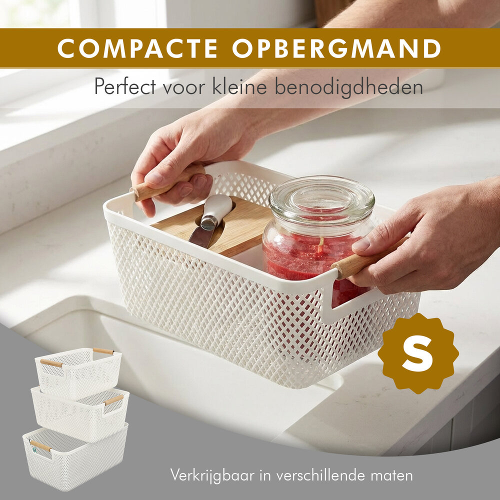 Discountershop Storage Basket with Wooden Handle – 6L Plastic Storage Basket – Kitchen Cabinet Organizer, Closet Organizer, Toy Storage Basket Kids Room