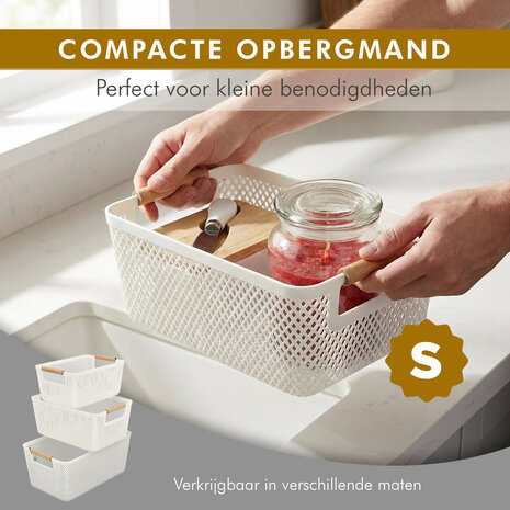 Discountershop Opbergmand met Houten Handvat – 6L Kunststof Opbergmand – Keukenkast Organizer, Kledingkast Organizer, Opbergmand Speelgoed Kinderkamer