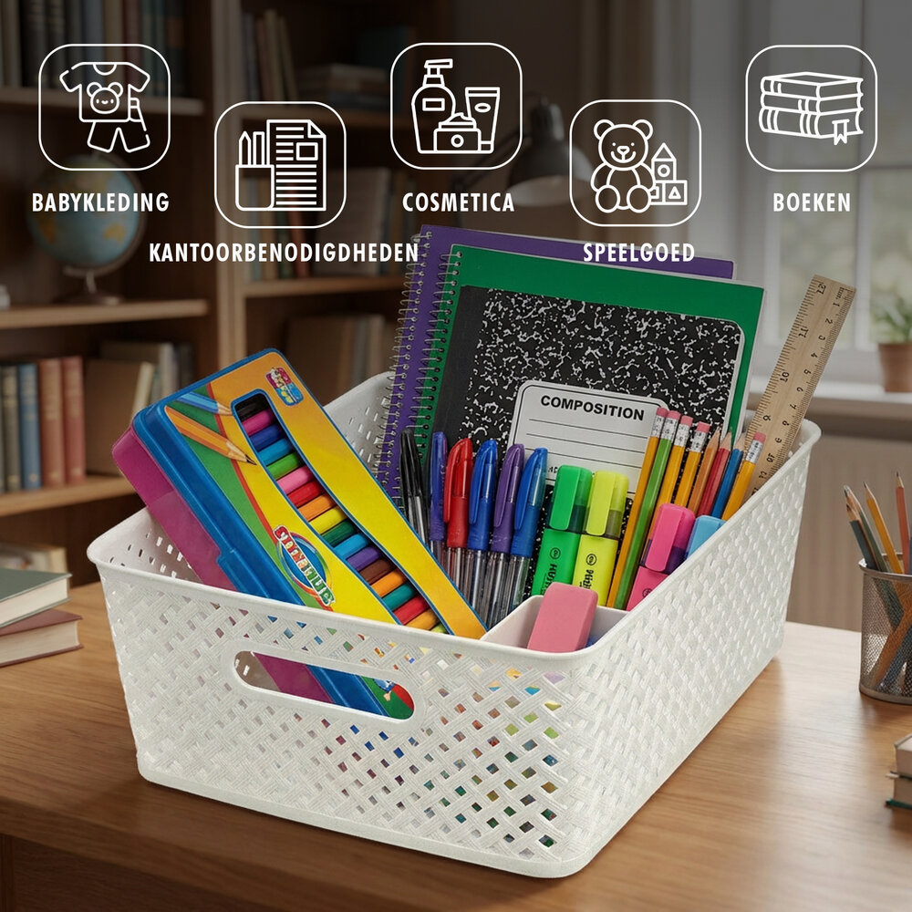 Discountershop White Storage Basket – ±12L Plastic Storage Baskets with Handles – Multi-Purpose Storage Box for Storage
