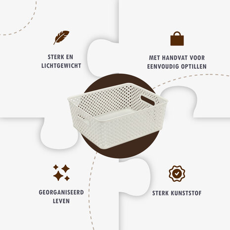 Discountershop White Storage Basket – ±12L Plastic Storage Baskets with Handles – Multi-Purpose Storage Box for Storage