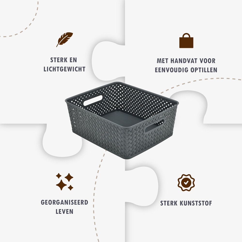 Discountershop Opbergmand Grijs – ±12 Liter Kunststof Opbergmanden - Mandjes Riet met Handgrepen – Multifunctionele Kast Organizer Voor Opslag