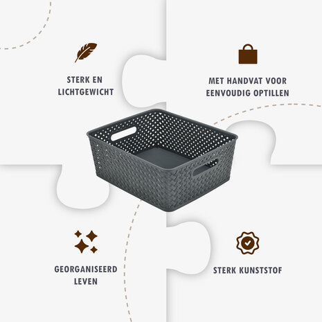 Discountershop Grey Storage Basket – ±12L Plastic Storage Baskets – Wicker-Style Baskets with Handles – Multi-Purpose Closet Organizer for Storage