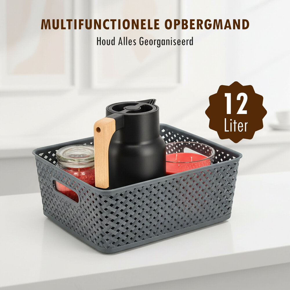 Discountershop Grey Storage Basket – ±12L Plastic Storage Baskets – Wicker-Style Baskets with Handles – Multi-Purpose Closet Organizer for Storage
