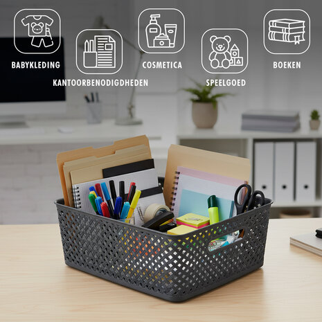 Discountershop Opbergmand Grijs – ±12 Liter Kunststof Opbergmanden - Mandjes Riet met Handgrepen – Multifunctionele Kast Organizer Voor Opslag