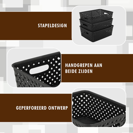 Discountershop Black Storage Basket – ±12L Plastic Storage Bins with Handles – Multi-Purpose Storage Organizer for Home Storage