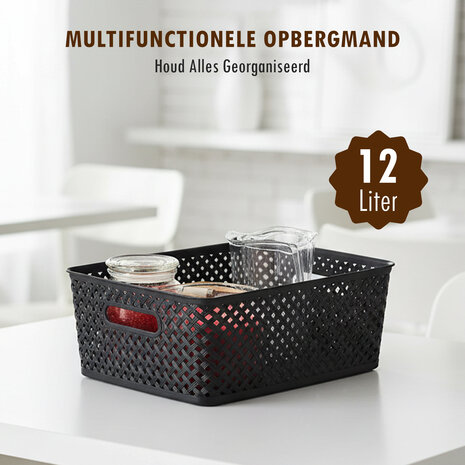 Discountershop Black Storage Basket – ±12L Plastic Storage Bins with Handles – Multi-Purpose Storage Organizer for Home Storage