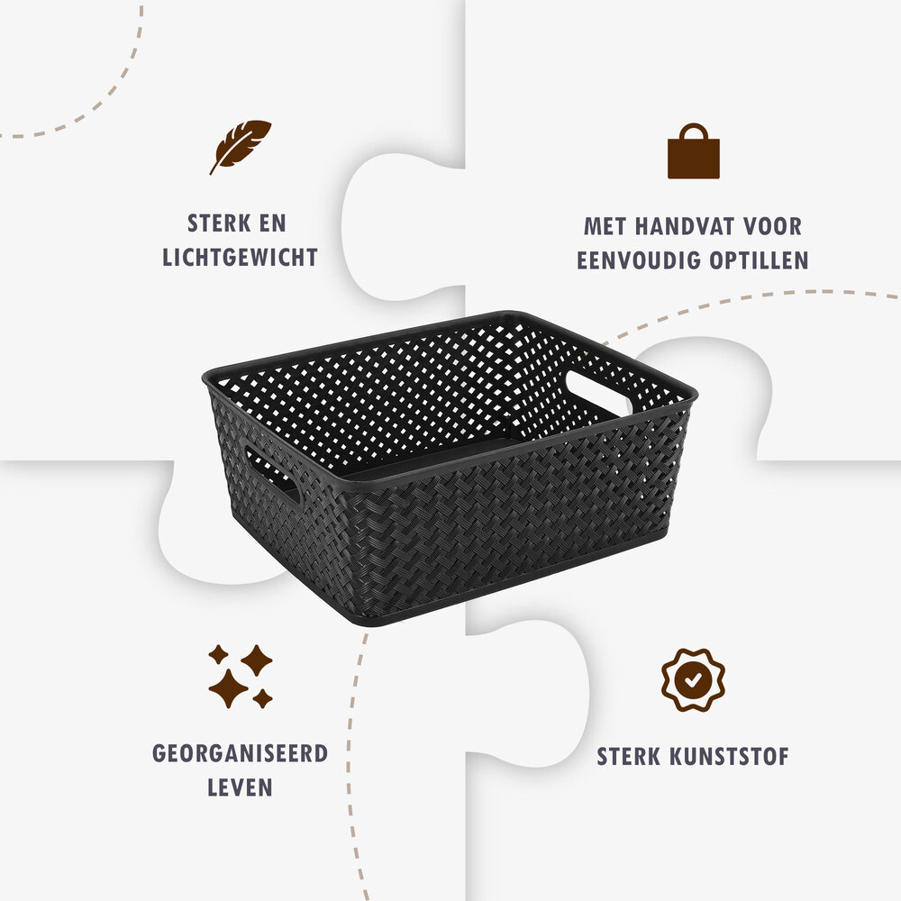 Discountershop Black Storage Basket – ±12L Plastic Storage Bins with Handles – Multi-Purpose Storage Organizer for Home Storage