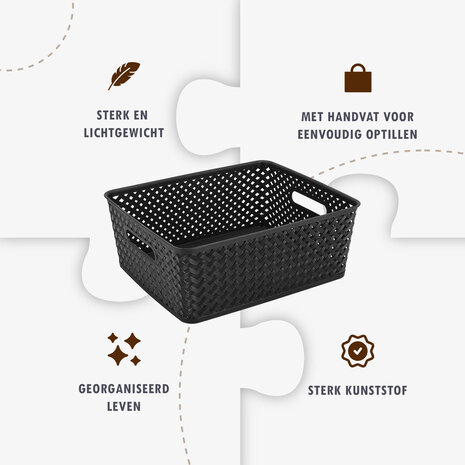 Discountershop Opbergmand Zwart – ±12 Liter Kunststof Opbergmanden met Handgrepen – Multifunctionele Opbergmand Voor Opslag