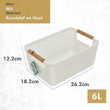 Discountershop Storage Basket with Wooden Handle – 6L Plastic Storage Basket – Kitchen Cabinet Organizer, Closet Organizer, Toy Storage Basket Kids Room