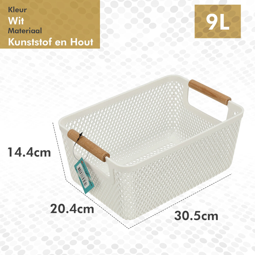 Discountershop Opbergmand met Houten Handvat – 9L Kunststof Opbergmand voor Keuken, Kast en Kinderkamer – Organizer voor Speelgoed en Voorraad