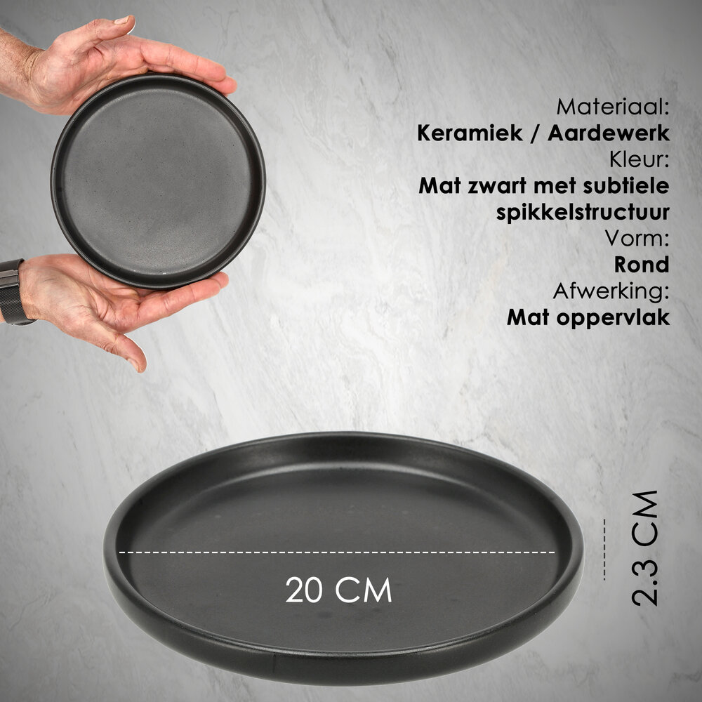 Discountershop Ontbijtborden Keramiek Zwart Ø20 cm – Gebaksbordjes & Dessertborden, Vaatwasser- en Magnetronbestendig Servies