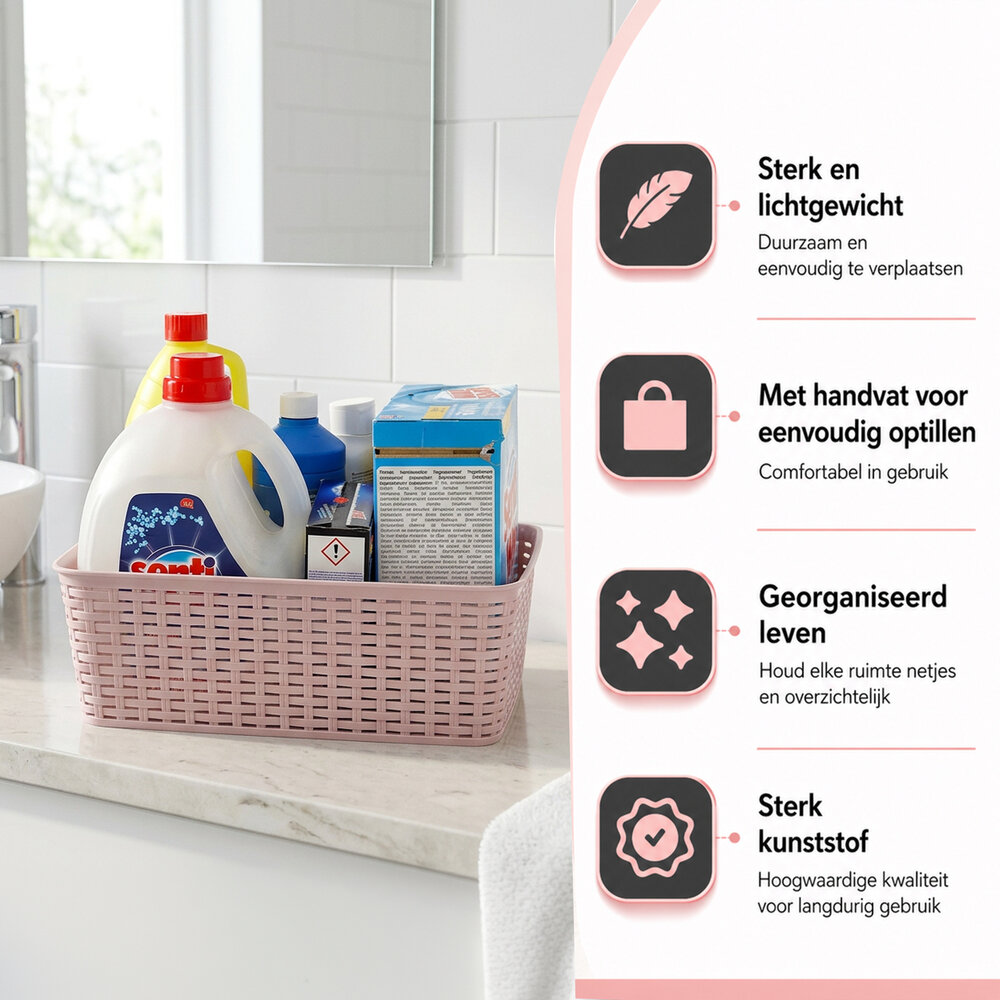 Discountershop Opbergmand 12L Kunststof Roze – Stapelbare Opbergbox met Riet Look voor Keuken, Kinderkamer en Kast – Organizer voor Speelgoed, Voorraad en Kleding