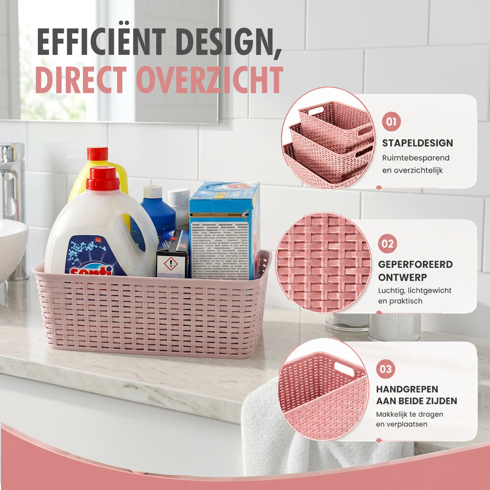 Discountershop Opbergmand 12L Kunststof Roze – Stapelbare Opbergbox met Riet Look voor Keuken, Kinderkamer en Kast – Organizer voor Speelgoed, Voorraad en Kleding