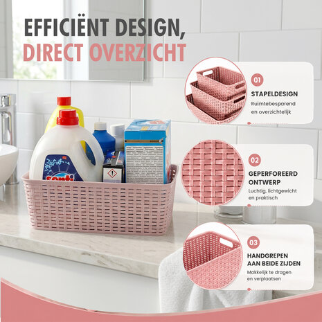 Discountershop Storage Basket 12L Plastic Pink – Stackable Storage Box with Rattan Look for Kitchen, Kids Room and Closet – Organizer for Toys, Pantry and Clothes